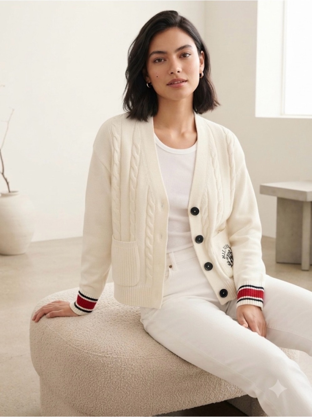 Tommy Hilfiger Cream Cable-Knit Cardigan with Contrast Stripe Cuffs